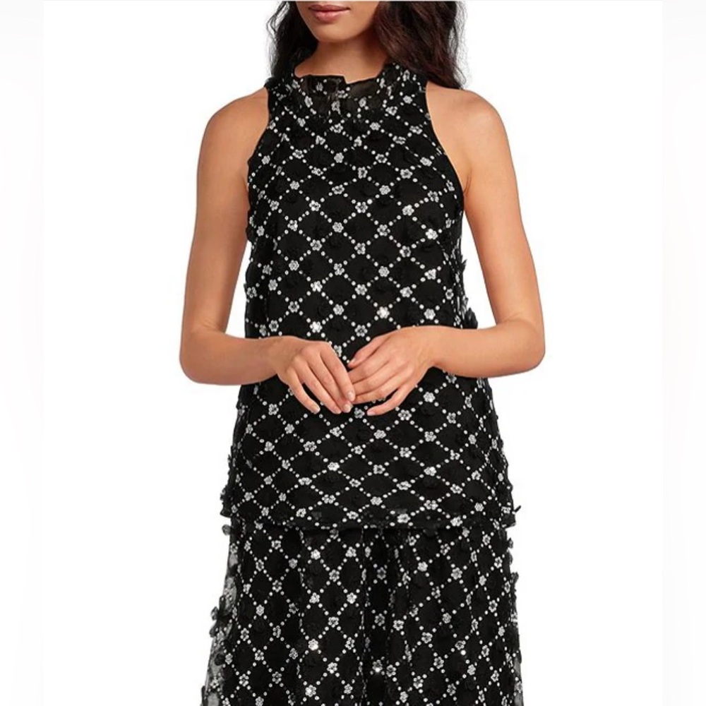 NWT Abbey Glass Size XS Rory Sequin Lace Ruffle Neck Sleeveless Halter Top $165